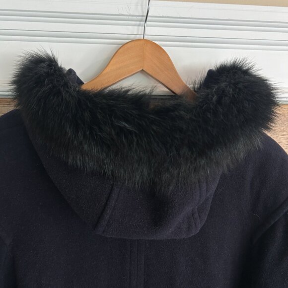 Vintage Eaton’s Utex Wool Cashmere Navy Blue Long Coat Fur Hood Lined Sz 14 - Picture 7 of 7